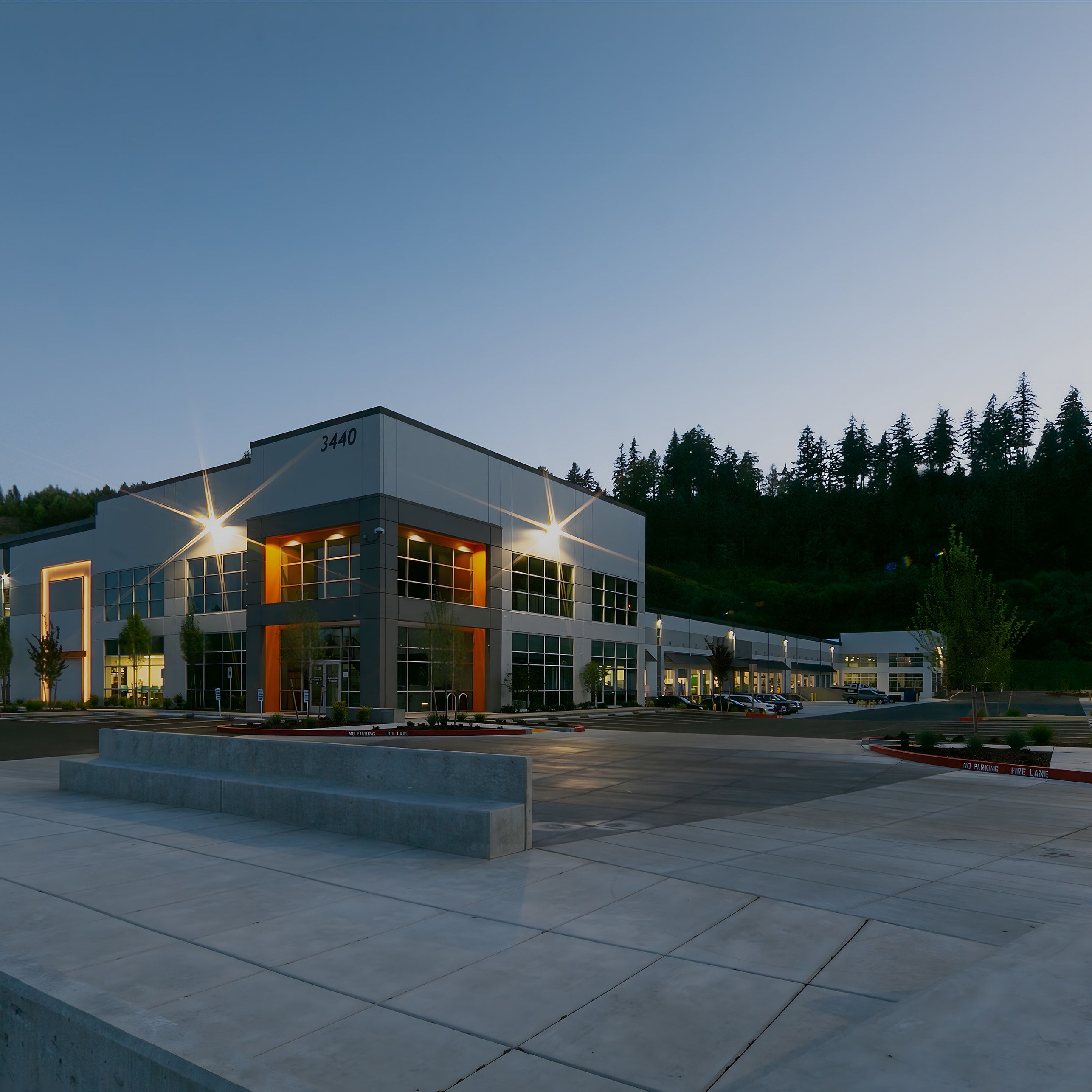 Sumner Ridge office building at dusk