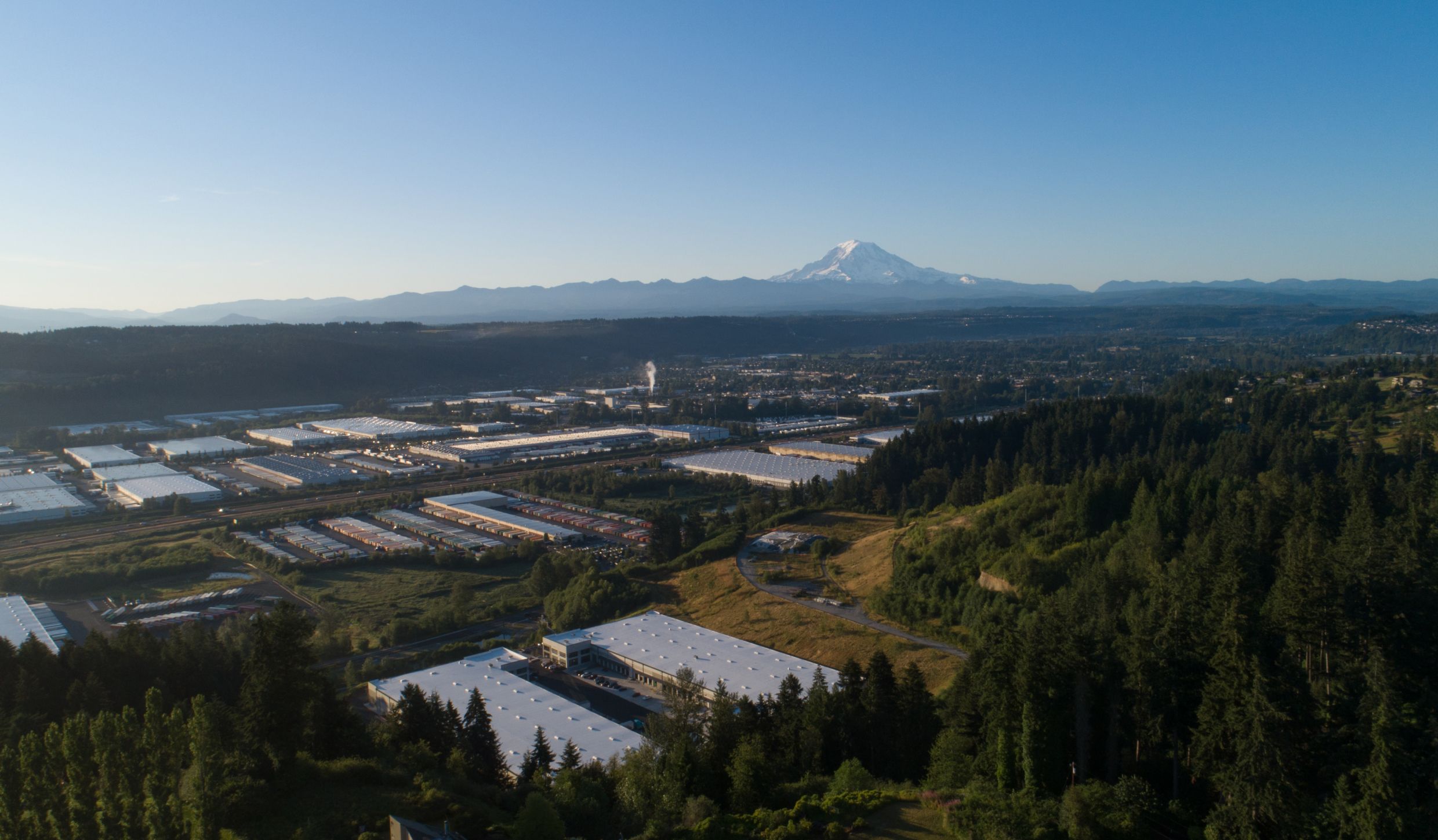 Aerial view over the Sumner Valley with Mount Rainier