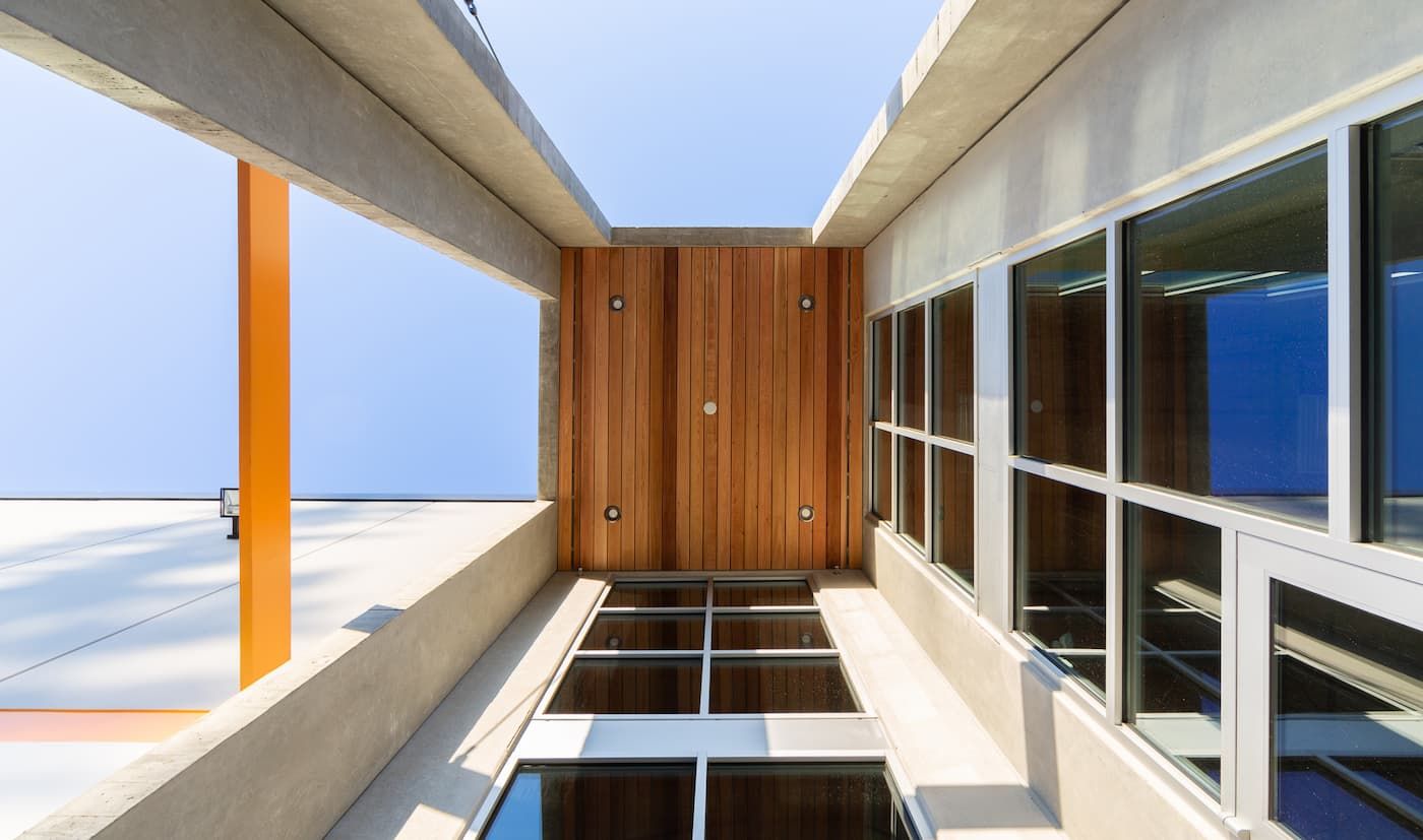 Looking up at Seaway West's cedar canopy detail